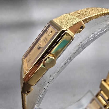 Seiko Watch Women 12mm Gold Dial Gold Tone Rectangle 2E20-6479 New Battery VTG2