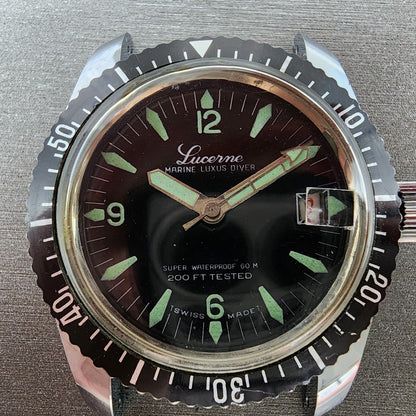 Lucerne Marine Luxus Diver Watch Men 36mm Black Dial Silver Tone Date  PARTS