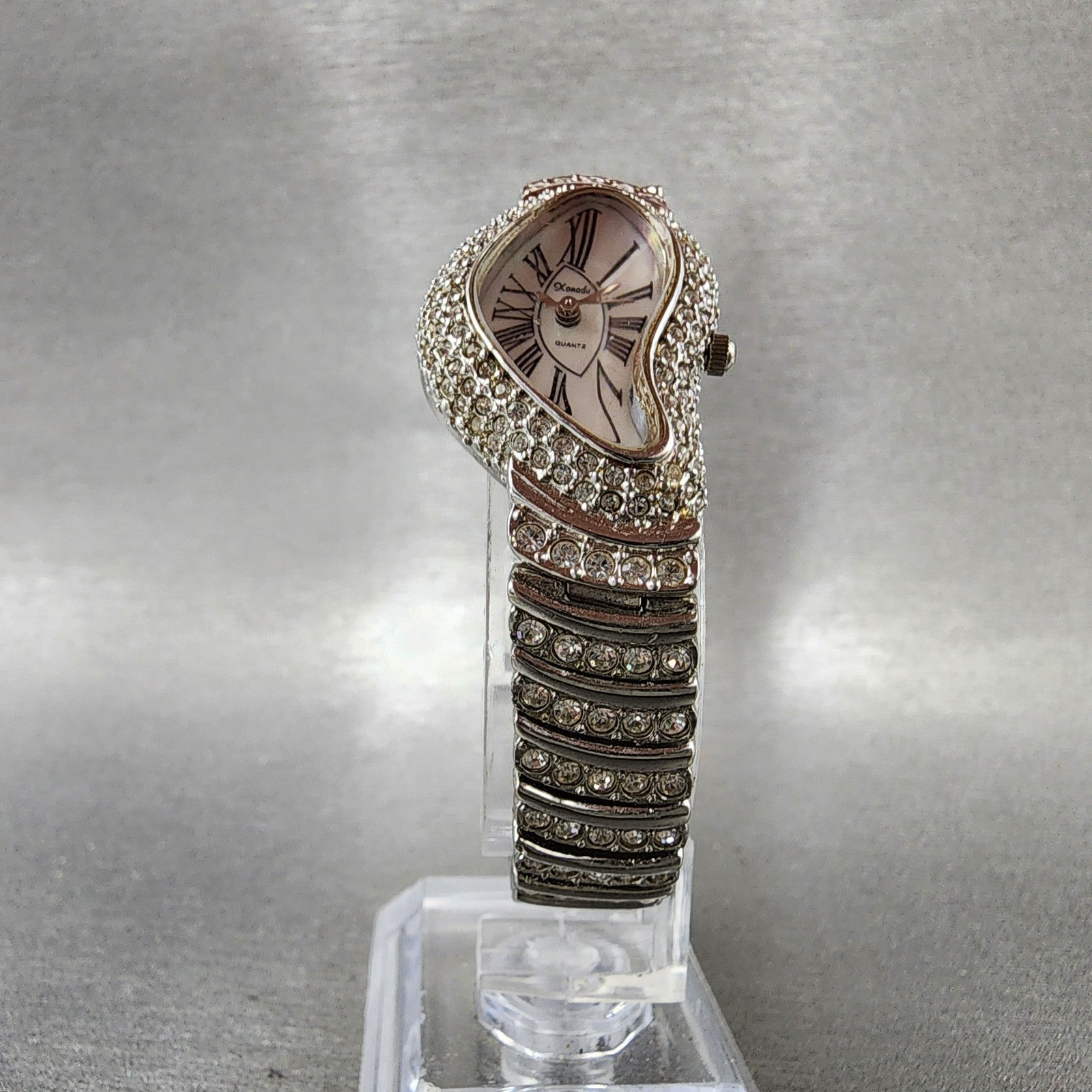 Xanadu Half Moon Watch Women 22mm MOP Dial Crystal Accents Silver Tone New Batt5