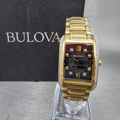 Bulova Sutton Tank Watch Women Black Dial Gold Tone Diamond Bezel New Battery