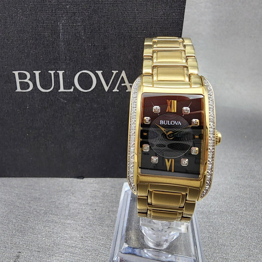 Bulova Sutton Tank Watch Women Black Dial Gold Tone Diamond Bezel New Battery