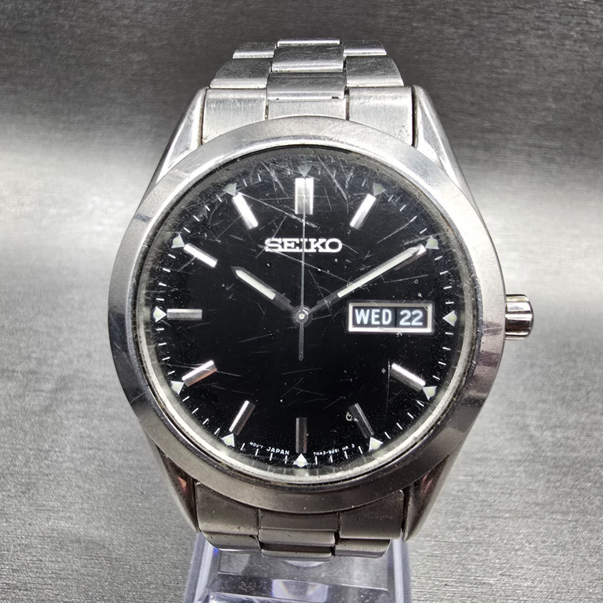 Seiko Watch Men 37mm Black Dial Silver Tone Daydate Round 7N43-9070 New Battery0