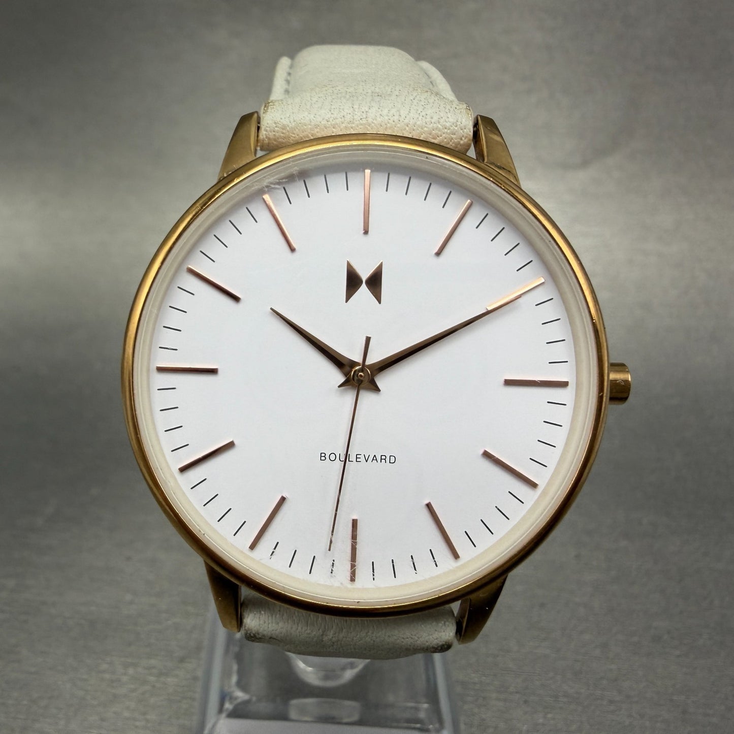 MVMT Boulevard Watch Women 38mm White Dial Rose Gold Tone Leather New Battery L0