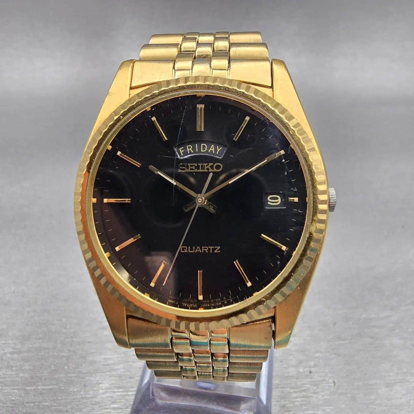 Seiko President Watch Men 36mm Black Dial Gold Tone Daydate 7N43-8111 NewBattery0