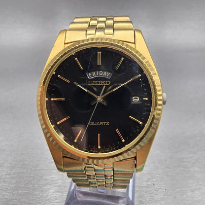 Seiko President Watch Men 36mm Black Dial Gold Tone Daydate 7N43-8111 NewBattery0
