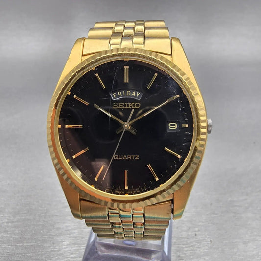 Seiko President Watch Men 36mm Black Dial Gold Tone Daydate 7N43-8111 NewBattery0