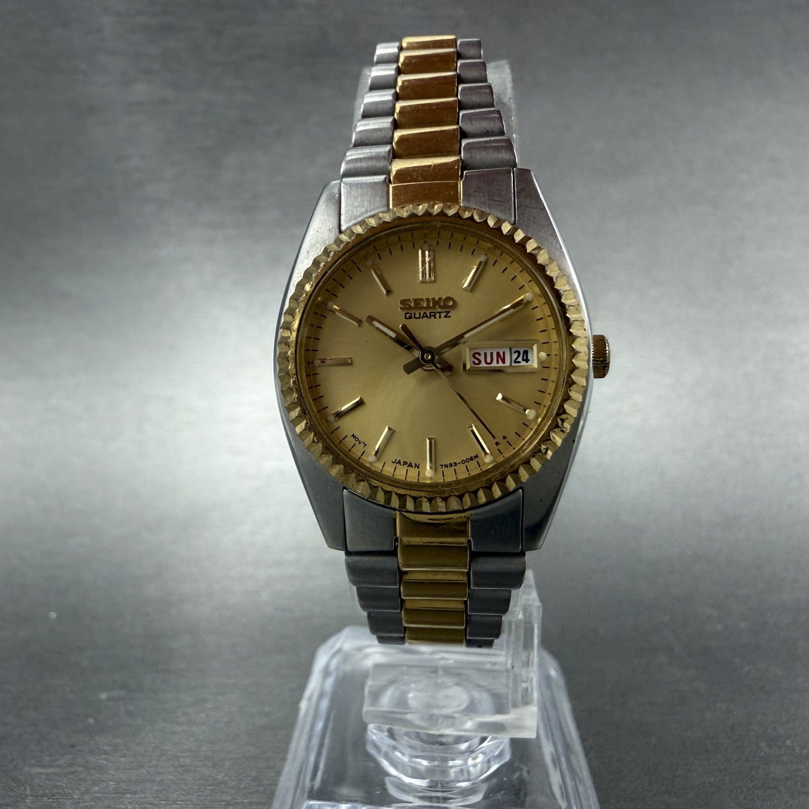Seiko Watch Women 24mm Gold Dial Two Tone Daydate Round 7n83-0041 New Battery 595