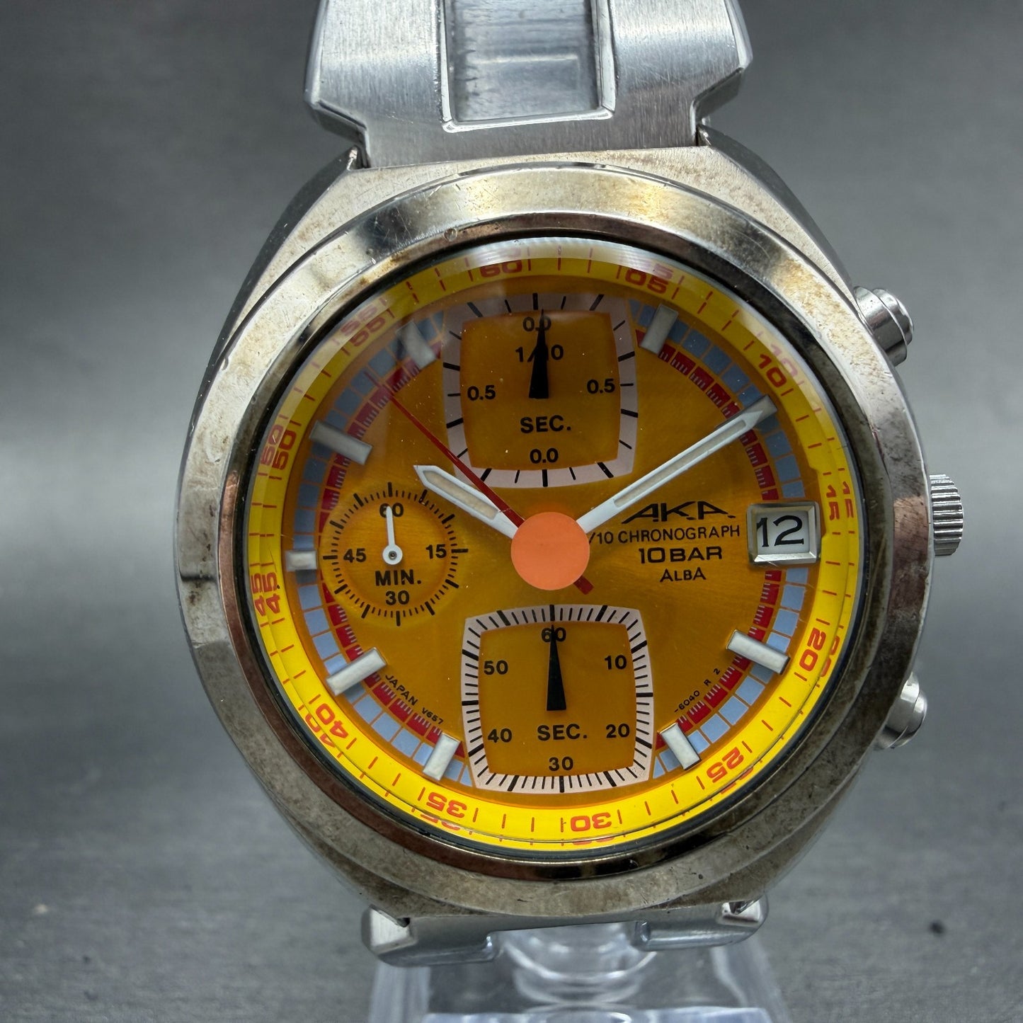 Seiko ALAB AKA Chronograph Watch Men 40mm Yellow Dial Steel Date V657-6030 Runs30