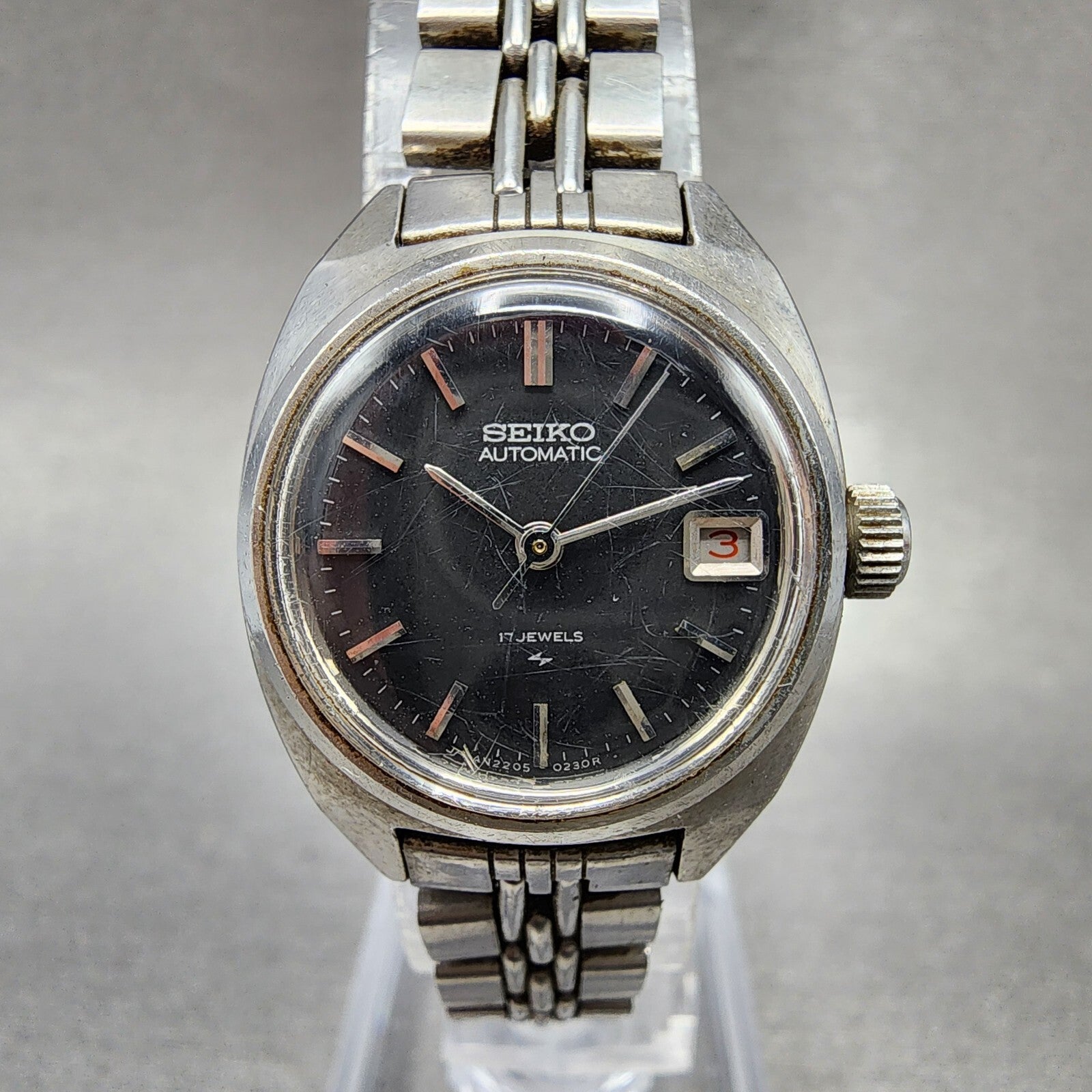 Seiko Automatic Watch Women 24mm Black Dial Silver Tone Date 22050050 Runs0