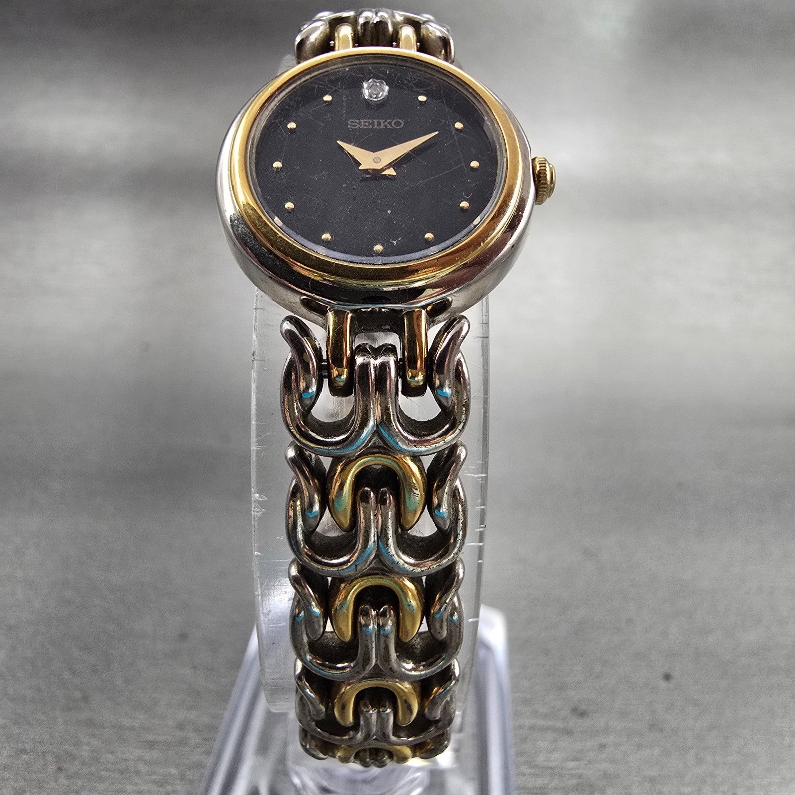 Seiko Watch Woman 20mm Black Dial Two Tone Round 1N00-1D99 New Battery Vintage5