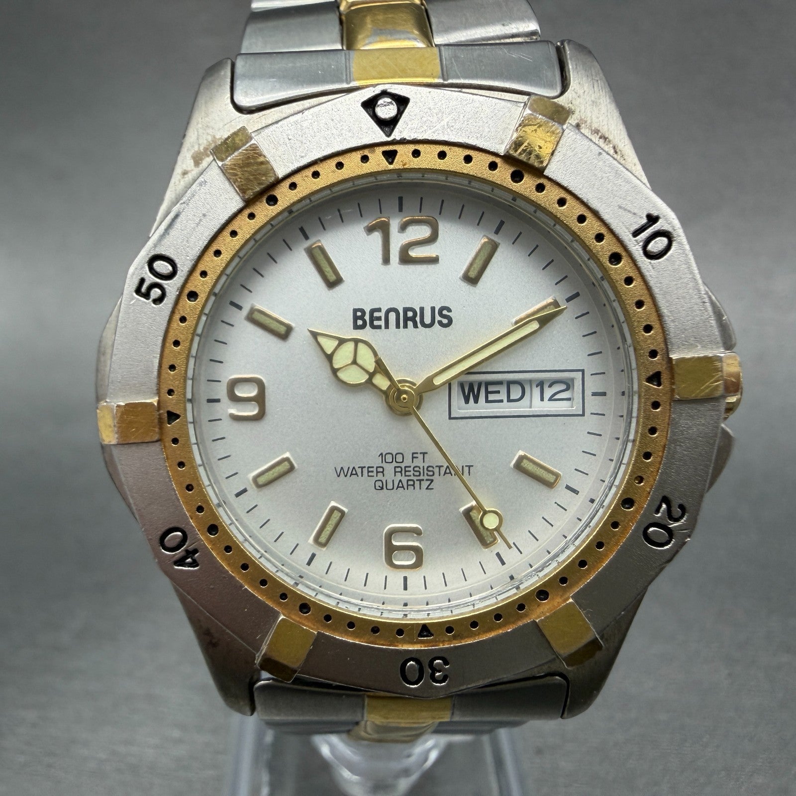 Benrus Dive Watch Men 37mm Silver Dial Two Tone Daydate Round New Battery0