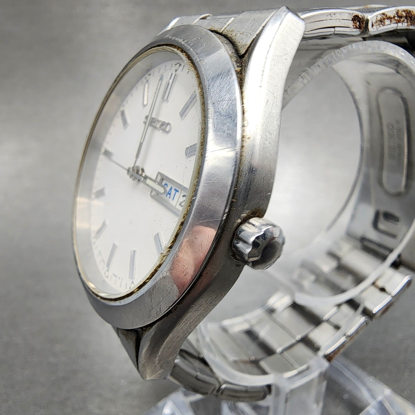 Seiko Watch Men 37mm White Dial Silver Tone Round Daydate 7n439080 PARTS3