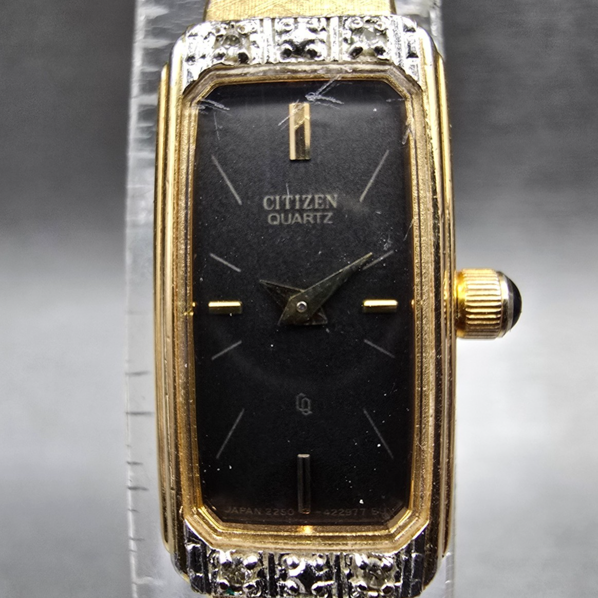Citizen CQ Tank Watch Women 12mm Brown Dial Gold Diamonds 2250-226348 New Batt1