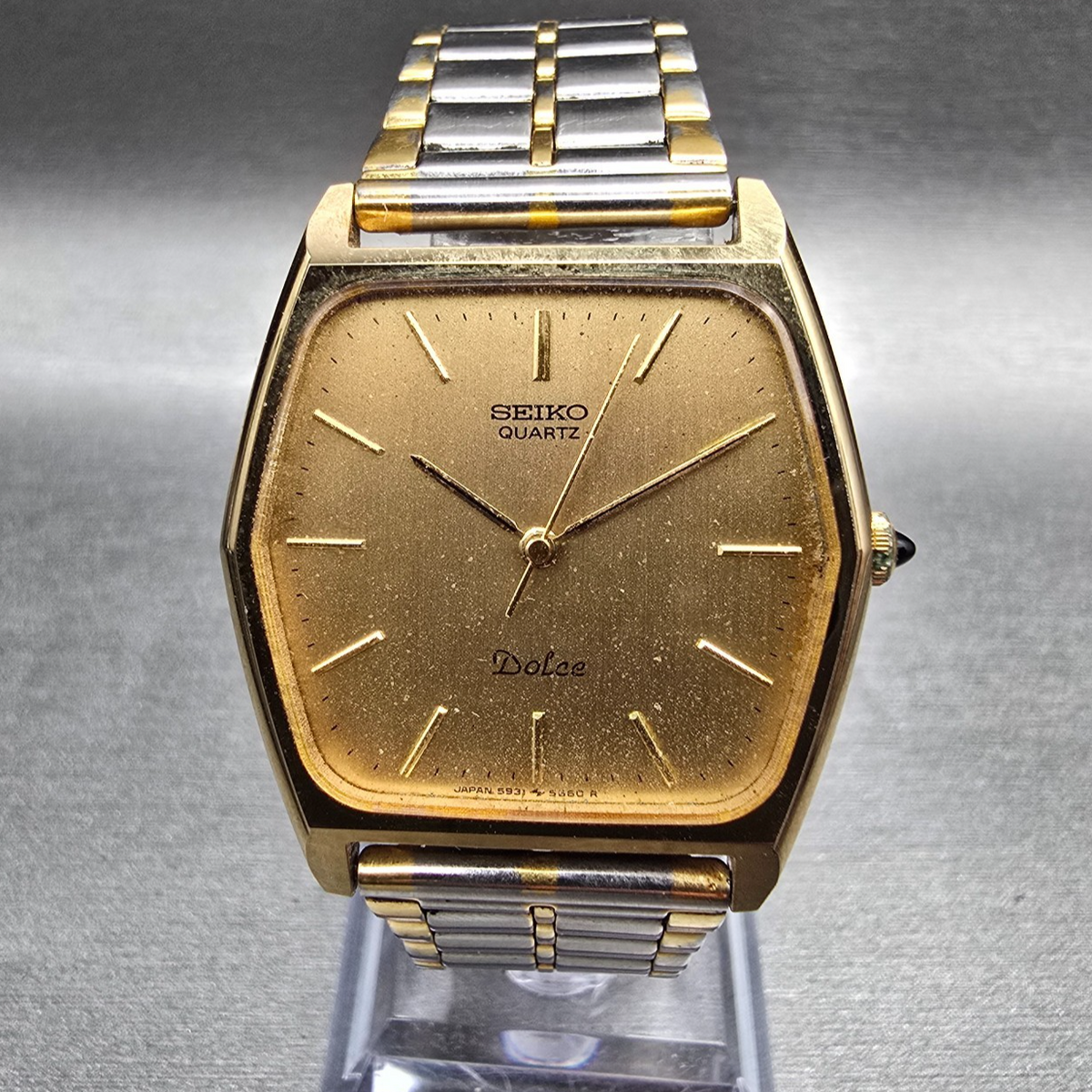 Seiko Dolce Watch Men 30mm Gold Dial Gold Tone Hexagon 5931-5510 New Battery0