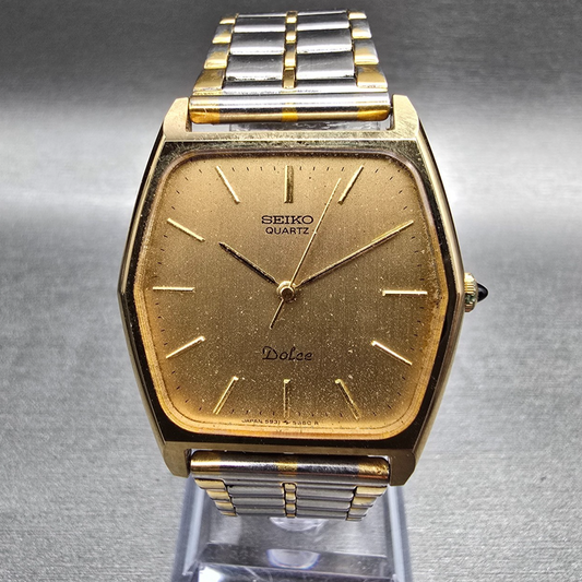 Seiko Dolce Watch Men 30mm Gold Dial Gold Tone Hexagon 5931-5510 New Battery0