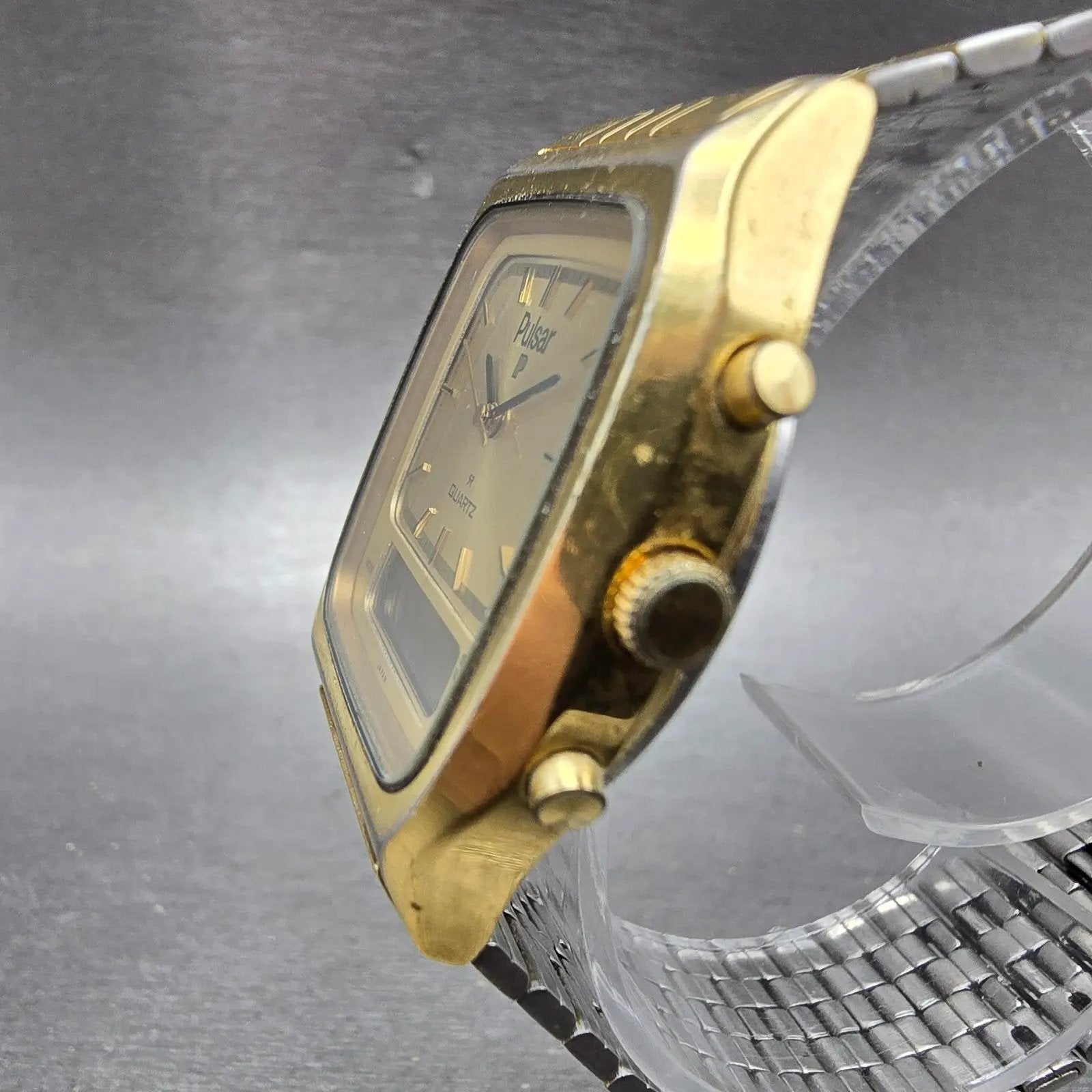 Seiko Pulsar Watch Men 33mm Champagne Dial Gold Tone Analog Digital New Battery2