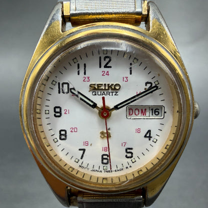 Seiko SQ Watch Women 24mm White Dial Gold Tone Daydate Round 7N83-6A09 NewBat B81