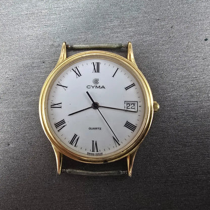 Cyma Watch Men 33mm White Dial Gold Tone Date Round Swiss Vintage PARTS0