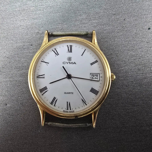 Cyma Watch Men 33mm White Dial Gold Tone Date Round Swiss Vintage PARTS0