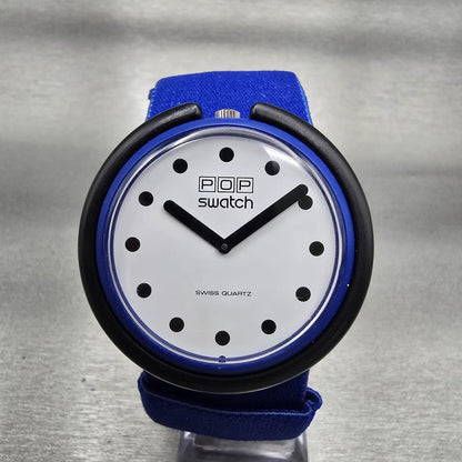 Pop Swatch BLUE RIBBON Watch Unisex White Dial Blue Case Round BS001 New Battery0