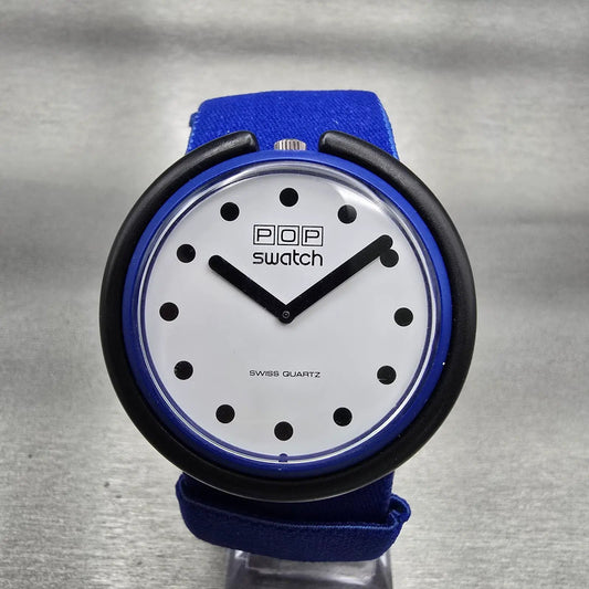 Pop Swatch BLUE RIBBON Watch Unisex White Dial Blue Case Round BS001 New Battery0