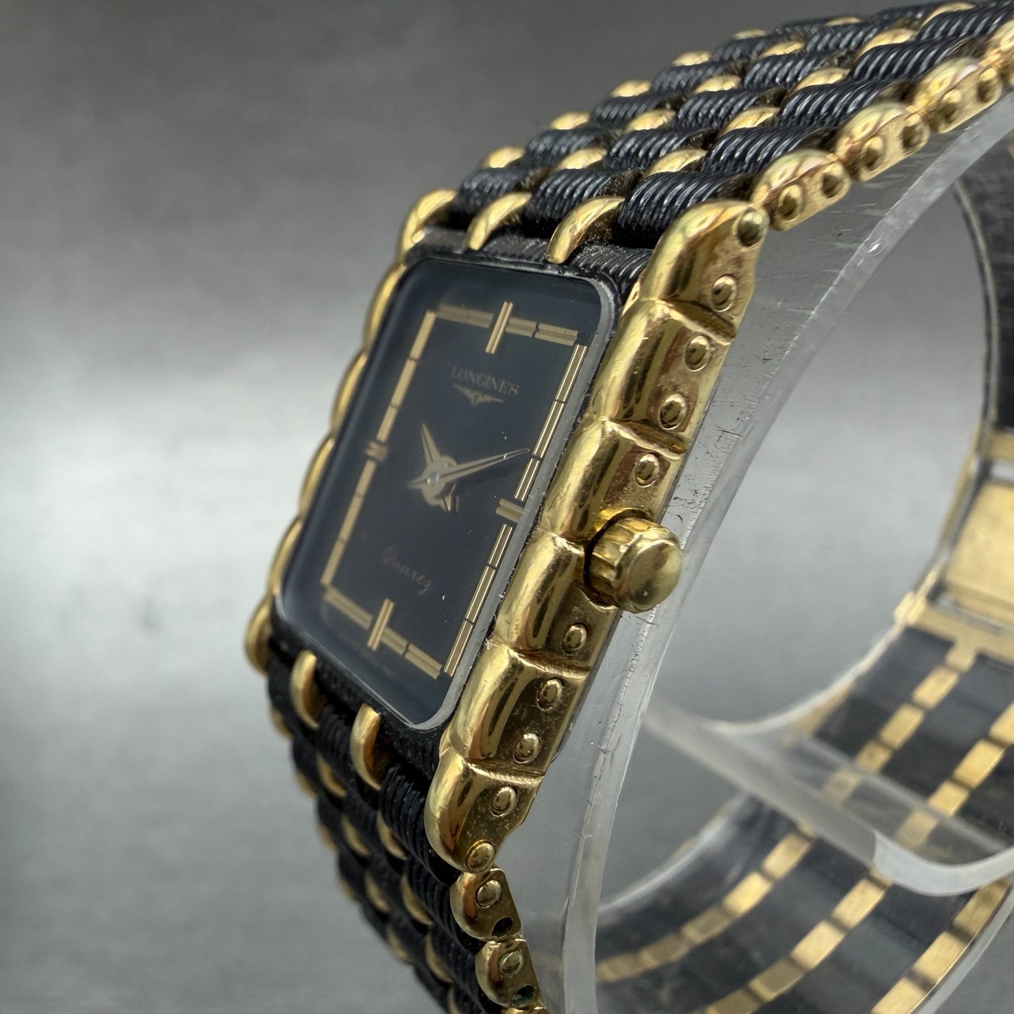 Longines Tank Watch Women 17mm Black Dial Black & Gold Tone 5724 New Battery2