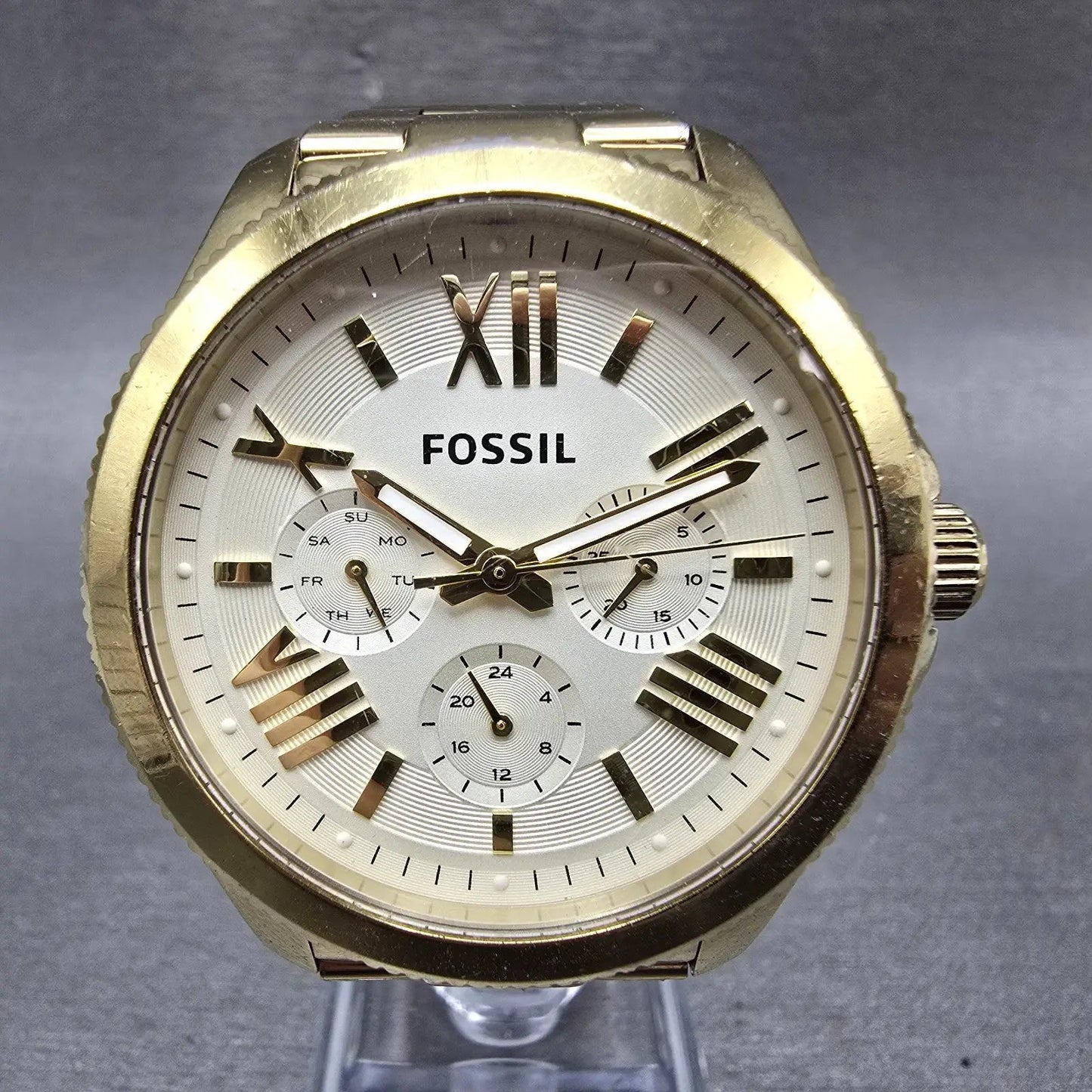 Fossil Cecile Watch Women 40mm Cream Dial Gold Tone Daydate AM4510 New Battery J0