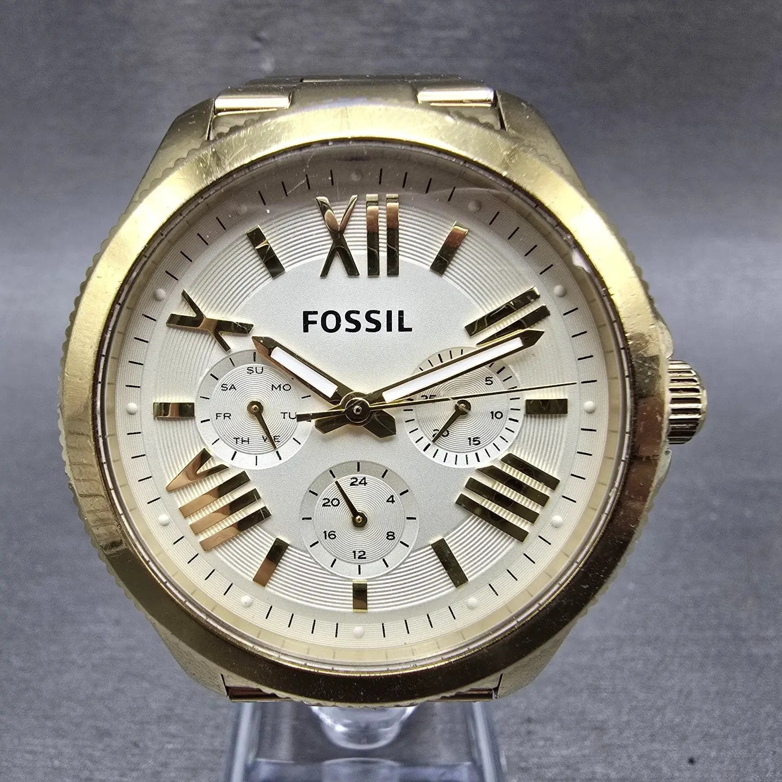 Fossil Cecile Watch Women 40mm Cream Dial Gold Tone Daydate AM4510 New Battery J0