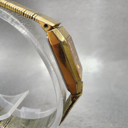 Seiko Watch Women 12mm Gold Dial Gold Tone Rectangle 13205049 New Battery VTG3