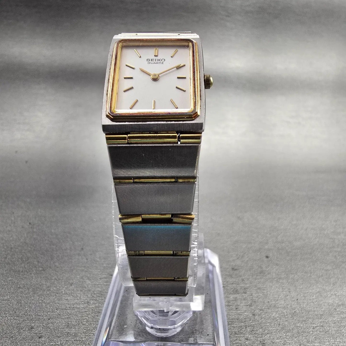 Seiko Watch Women 17mm Silver Dial Two Tone Rectangle 7320-5039 New Battery VTG5
