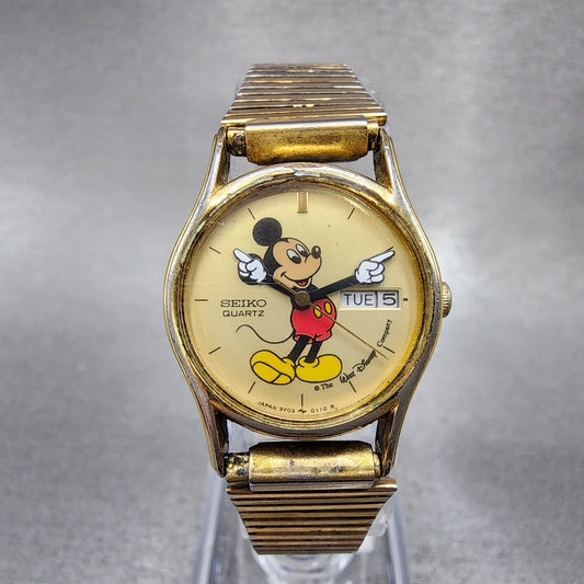 Seiko Mickey Mouse Watch Women 22mm Champagne Dial Gold Tone Daydate New Battery0