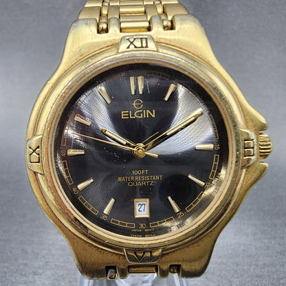 Elgin Watch Men 38mm Black Dial Gold Tone Date Round FCM004-017 New Battery