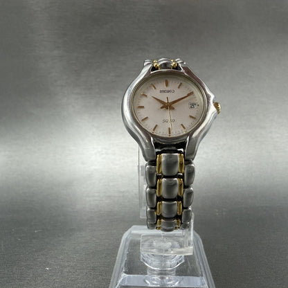 Seiko SQ 50 Watch Women 25mm White Dial Two Tone Date 7N82-0301 New Battery LK d5
