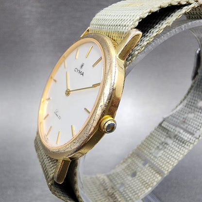 Cyma Louis XV Watch Men 32mm White Dial Gold Tone Round Nato Strap New Battery