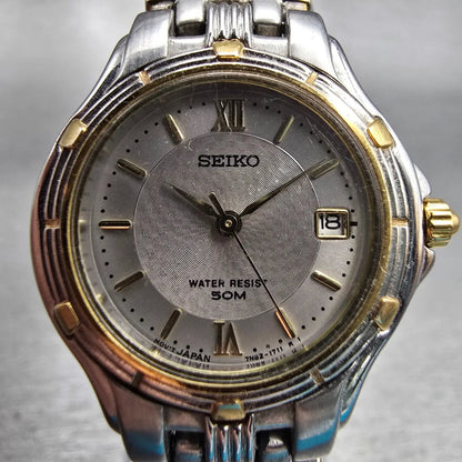 Seiko Watch Women 26mm Silver Dial Two Tone Date Round 7n82-0789 New Battery VTG1