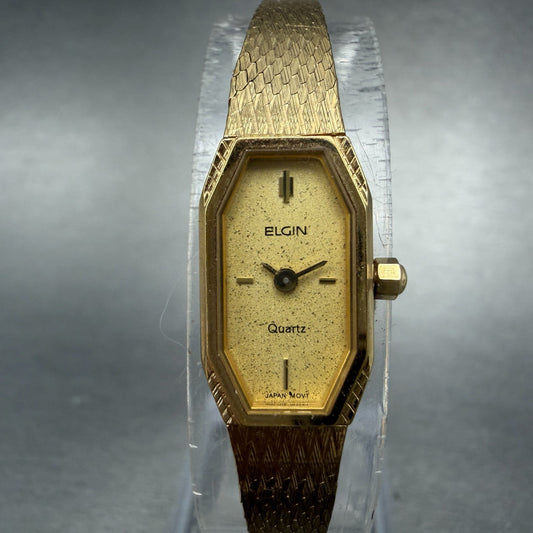 Elgin Watch Women 11mm Gold Dial Gold Tone Octagon New Battery Mesh band NOS0