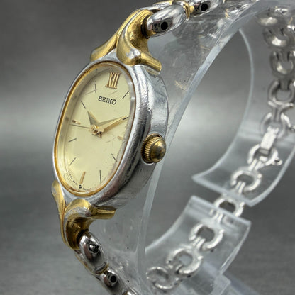 Seiko Watch Women 17mm Champagne Dial Two Tone Oval 2P21-5D00 New Battery VTG2