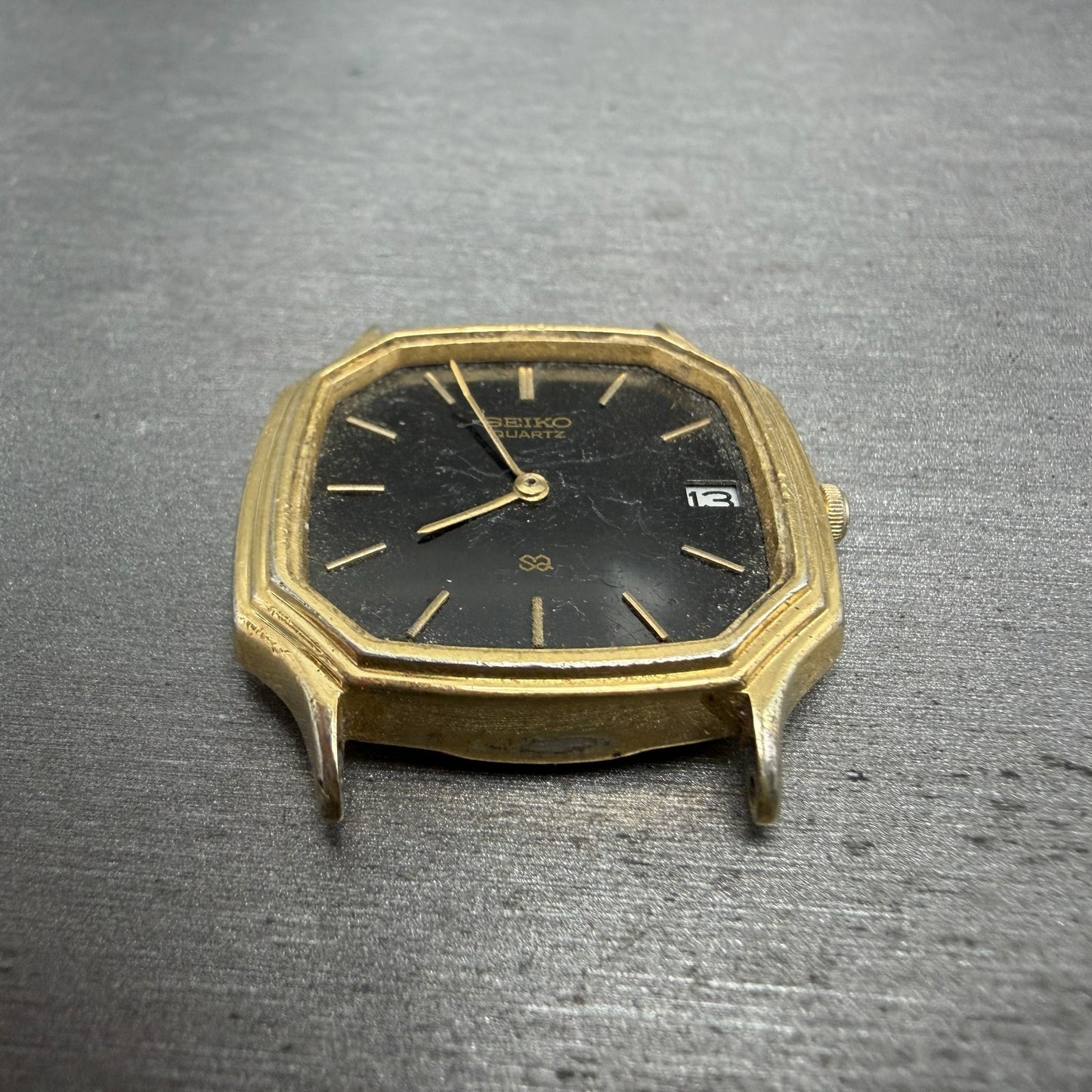 Seiko SQ Watch Men 31mm Black Dial Gold Tone Octagon Date 8222 PARTS Vintage3