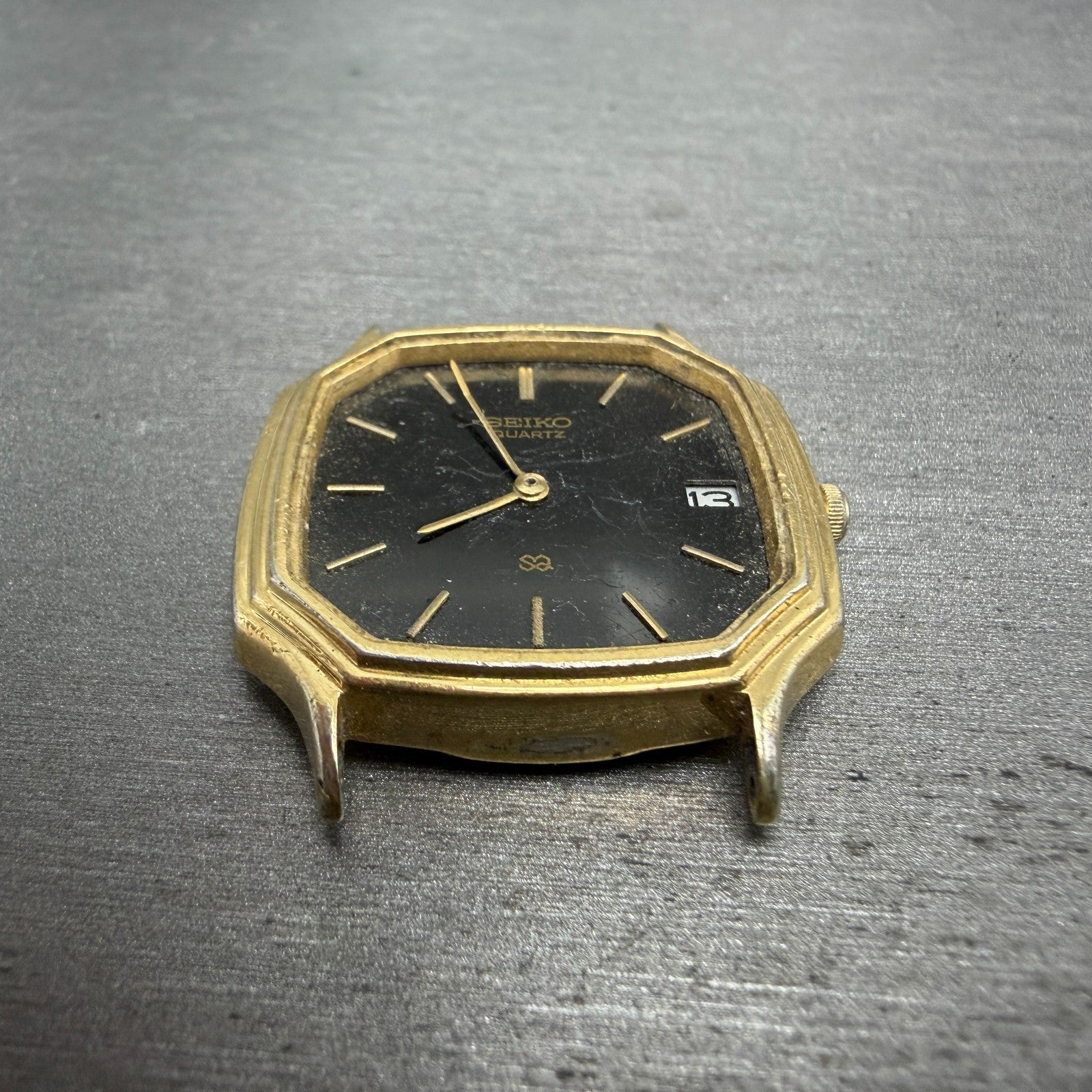 Seiko SQ Watch Men 31mm Black Dial Gold Tone Octagon Date 8222 PARTS Vintage3