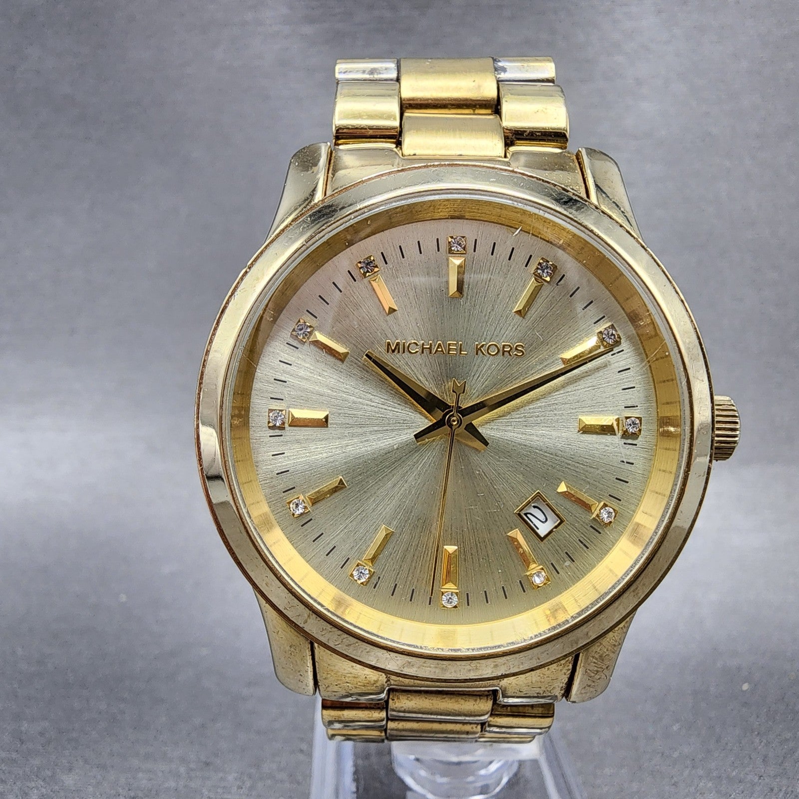 Michael Kors Watch Women 38mm Champagne Dial Gold Tone Date MK-5177 New Battery0