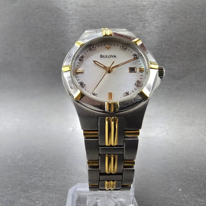 Bulova Watch Women 29mm MOP Dial Two Tone Date Round Diamonds 98P116 New Battery5