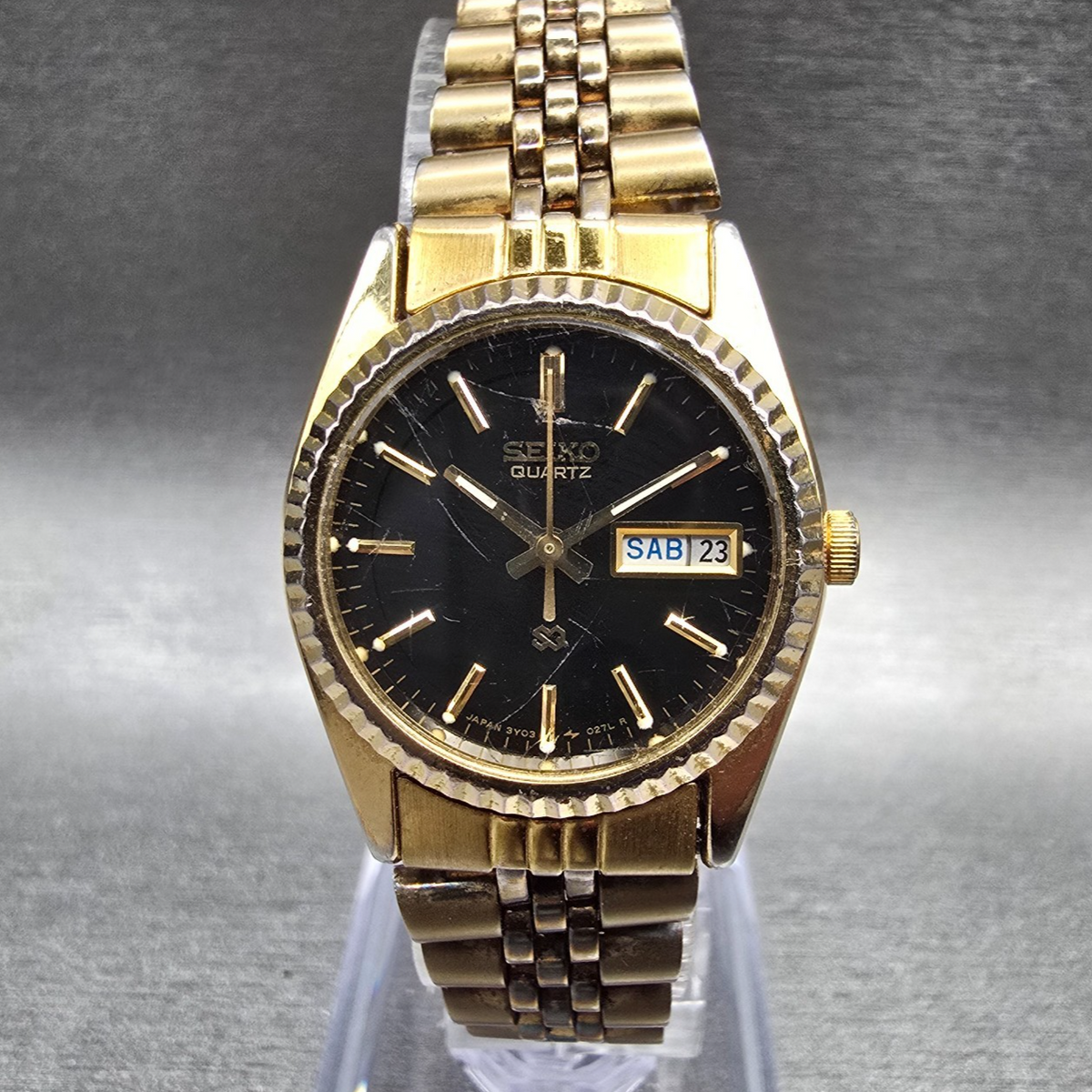 Seiko SQ Watch Women 24mm Black Dial Gold Tone Daydate Round 3Y03-0169 NewBat JP0