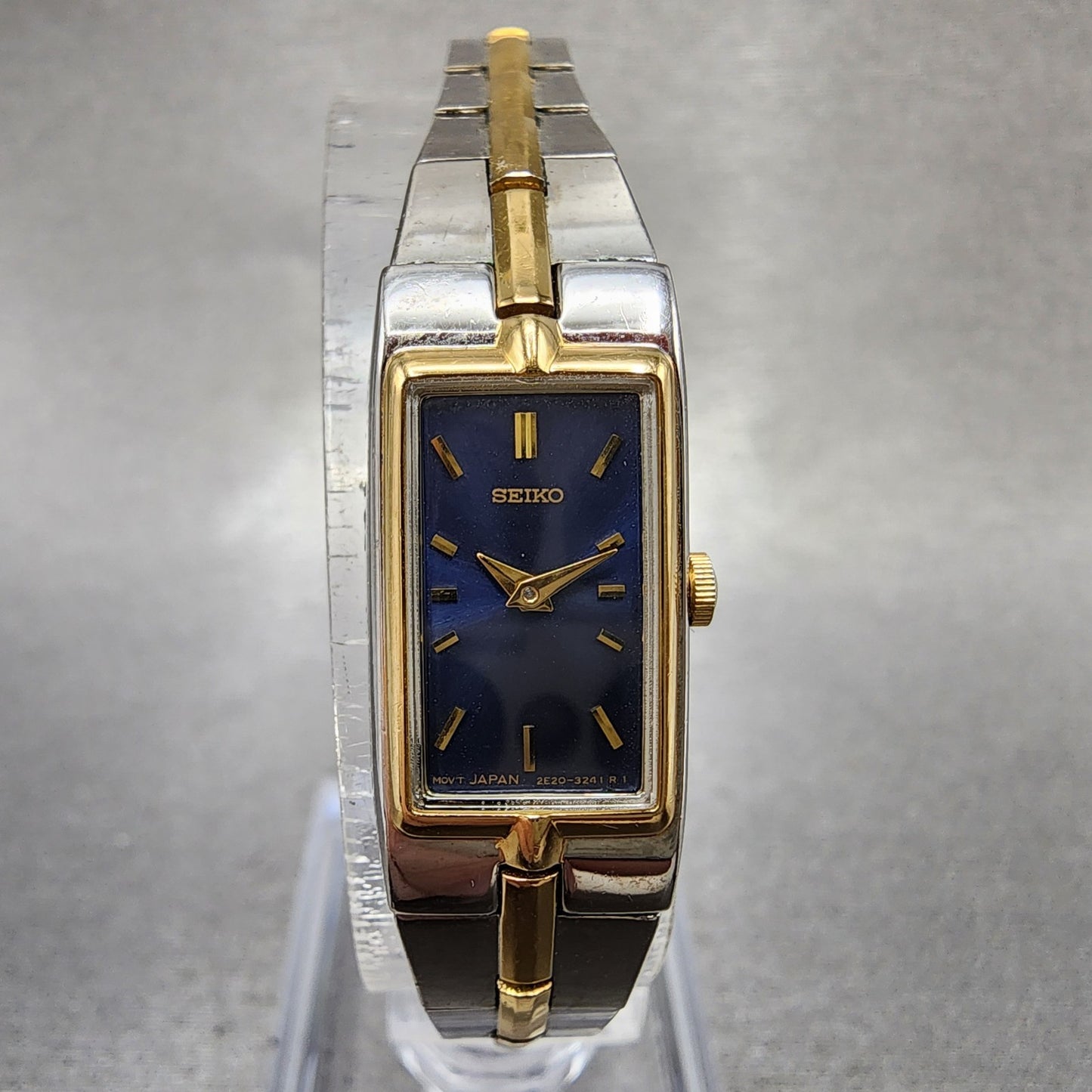 Seiko Tank Watch Women 13mm Blue Dial two Tone Rectangle 2e207479 New Battery0