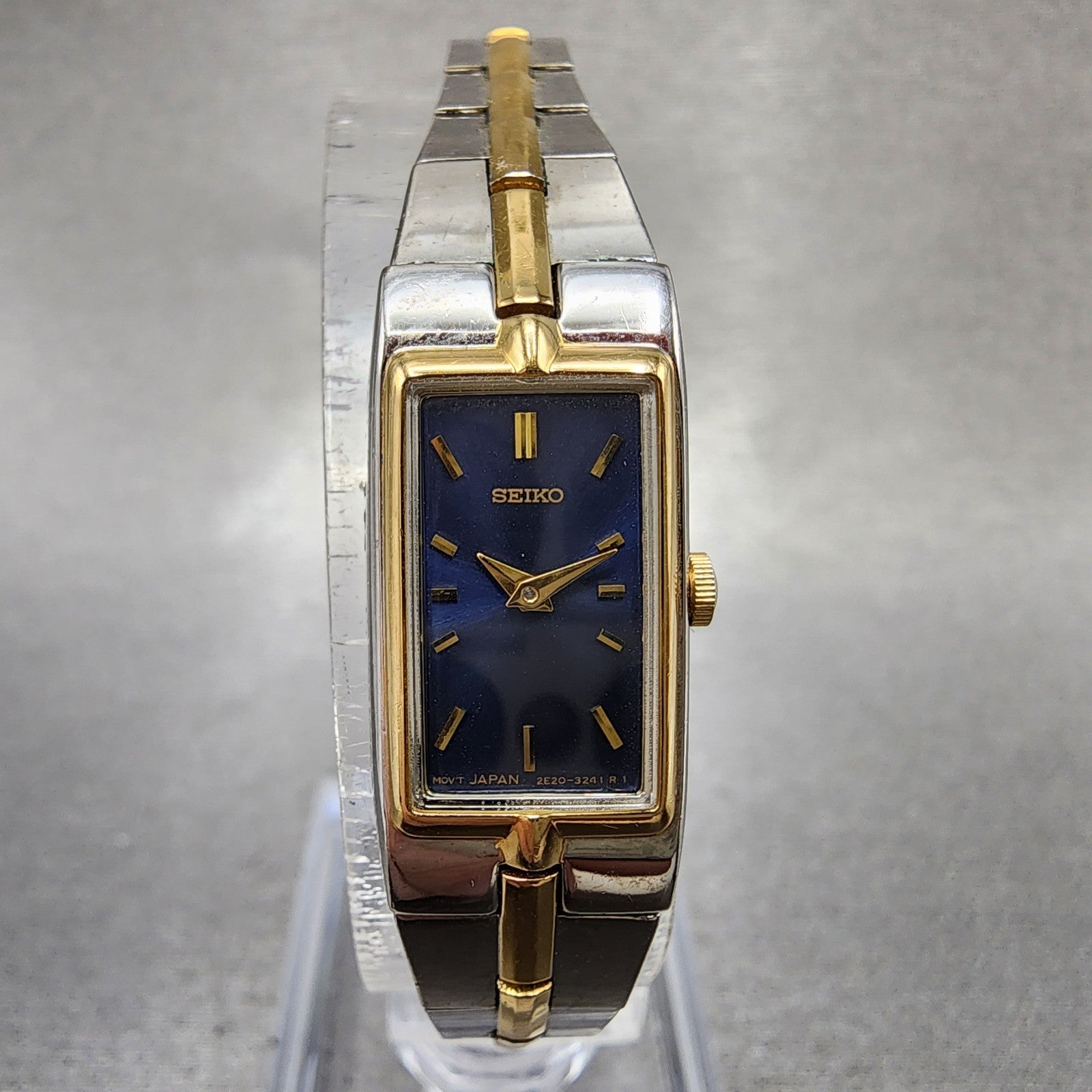Seiko Tank Watch Women 13mm Blue Dial two Tone Rectangle 2e207479 New Battery0