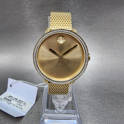 Movado Bold Shimmer Watch Women 34mm Gold Dial Gold Tone Crystal Bezel 36006560