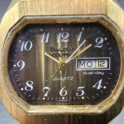 Bulova Accutron Watch Men 35mm Brown Dial Gold Tone Daydate Octagon PARTS N72