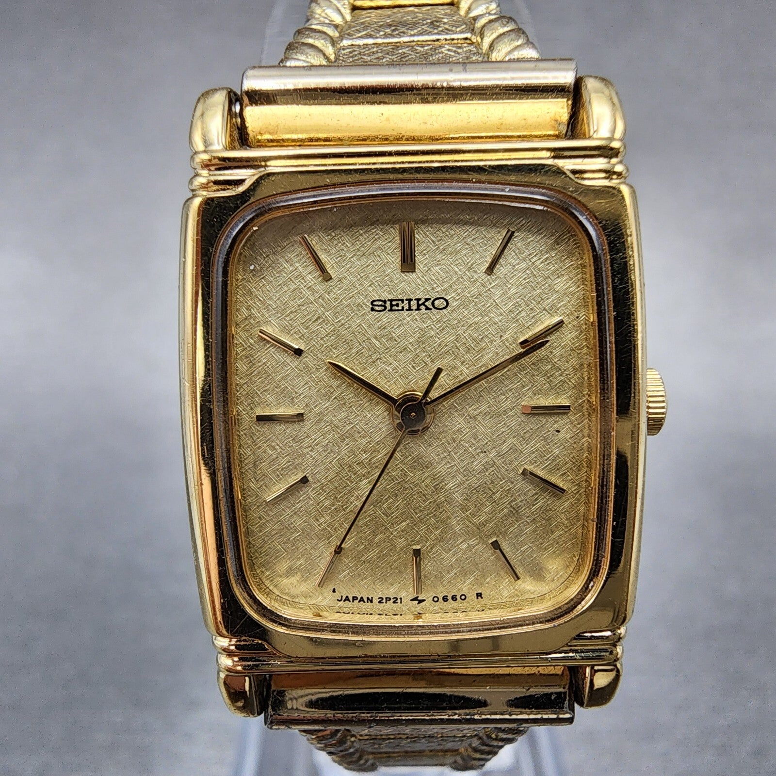 Seiko Watch Women 19mm Champagne Dial Gold Tone Rectangle 2P215210 New Battery1
