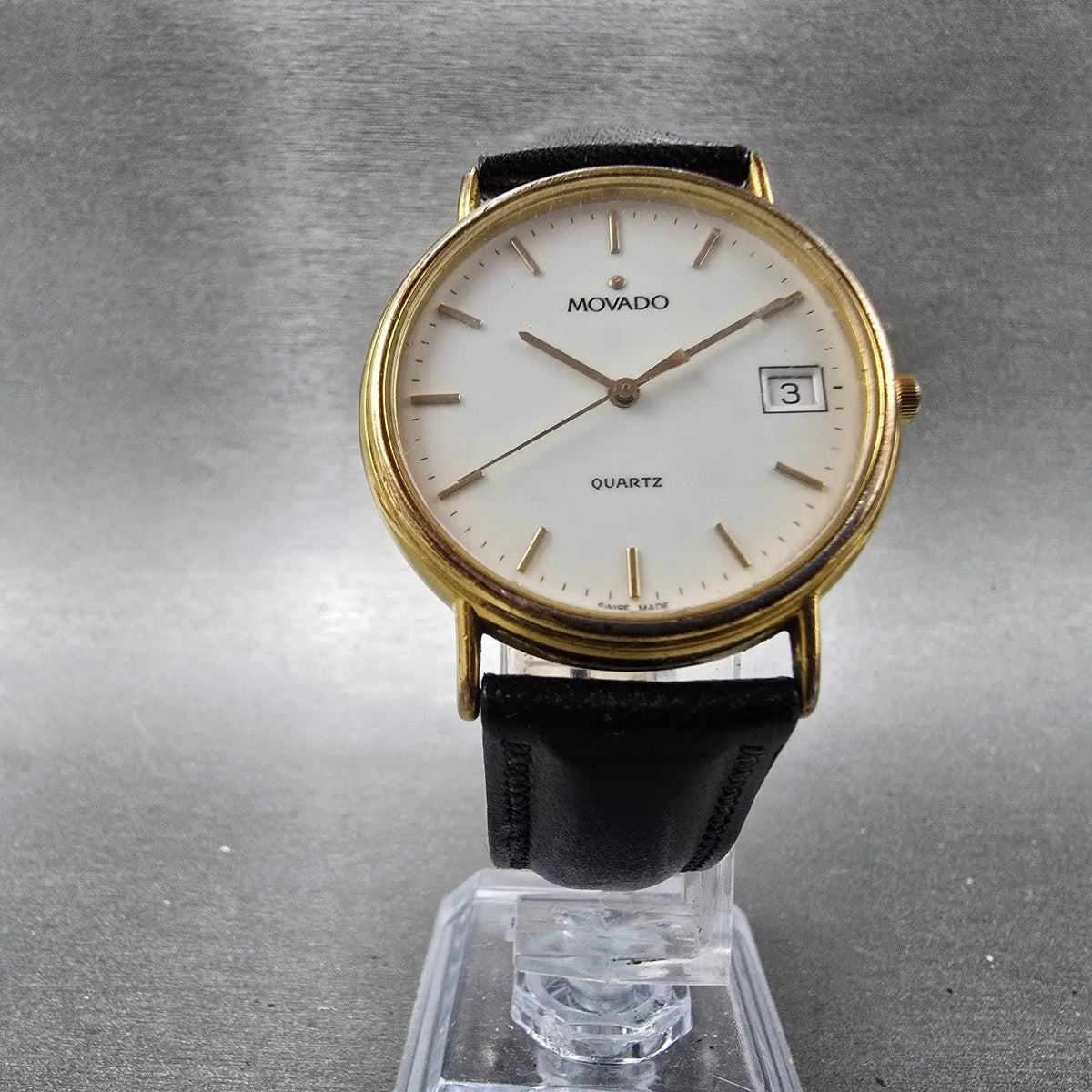 Movado Watch Men 34mm White Dial Gold Tone Date Round 87-A4-885 New Battery VTG5