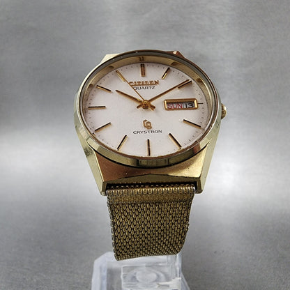Citizen CQ Crystron Watch Men 34mm White Dial Gold Tone Daydate 4-710240 PARTS