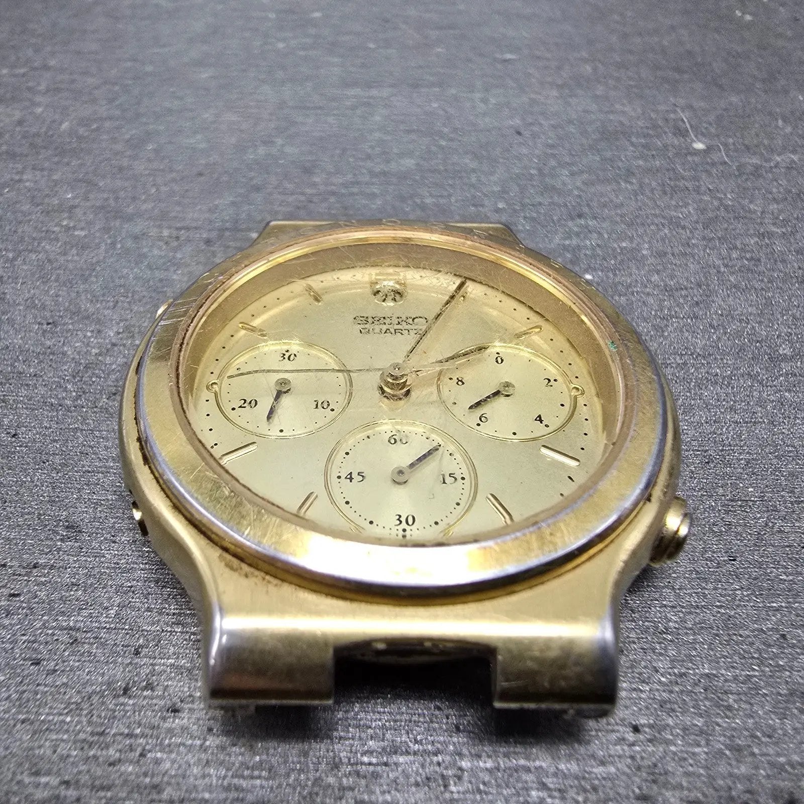 Seiko Chronograph Watch Men 37mm Gold Dial Gold Tone Date 7A34-7019 PARTS3